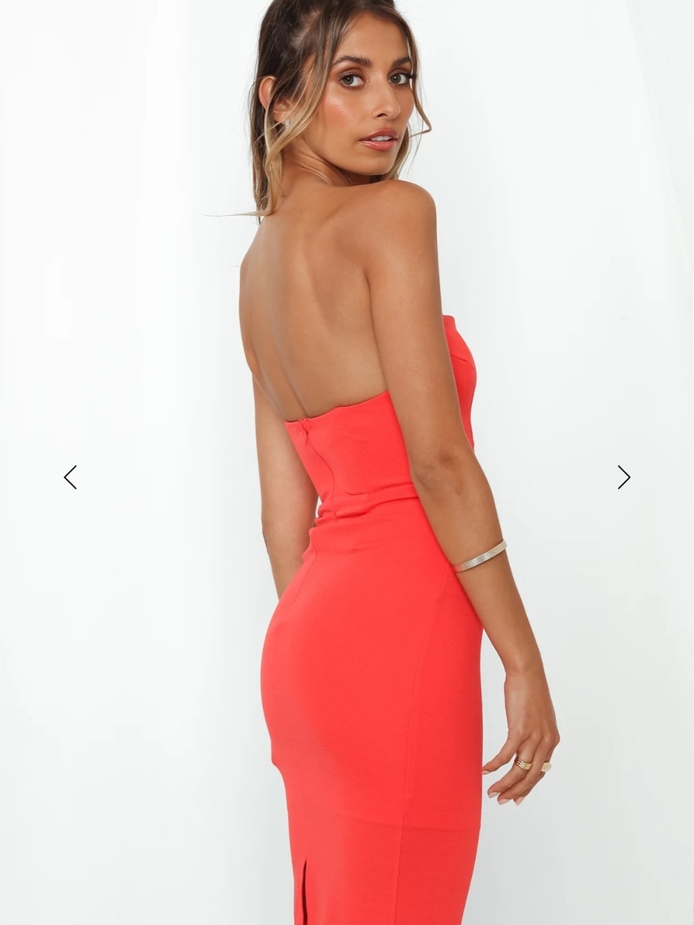 Hello Molly Strapless Midi Dress in Coral Red - Picture 2 of 2